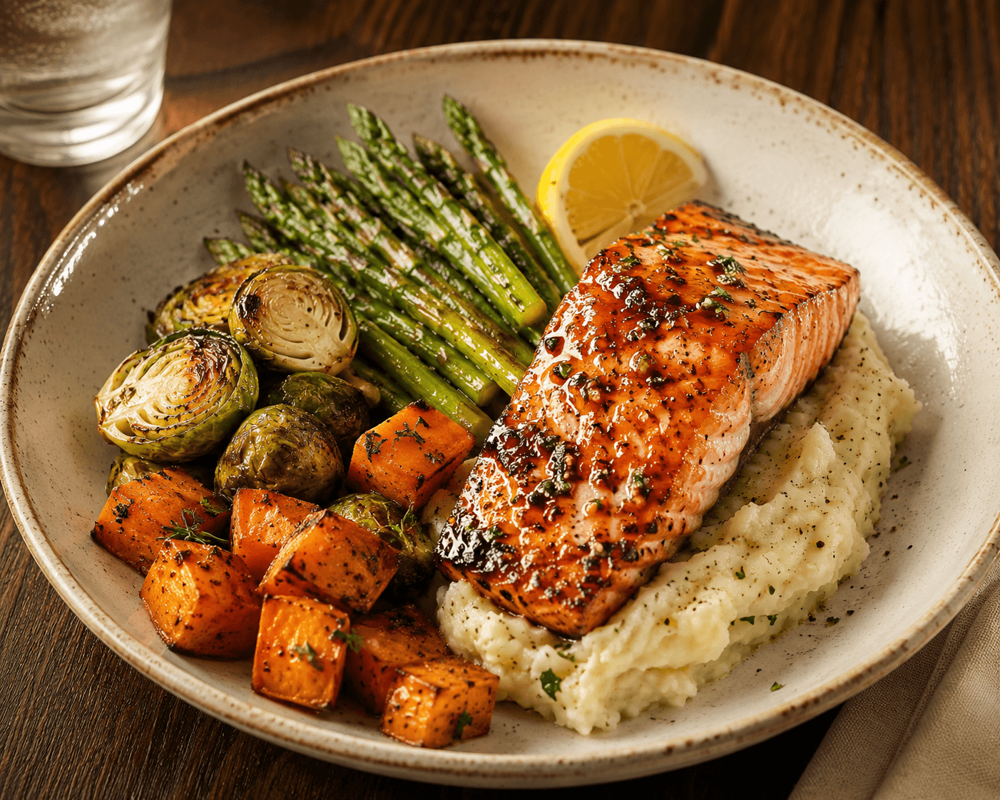 Grilled salmon fillet with mash and potatoes photographed directly above