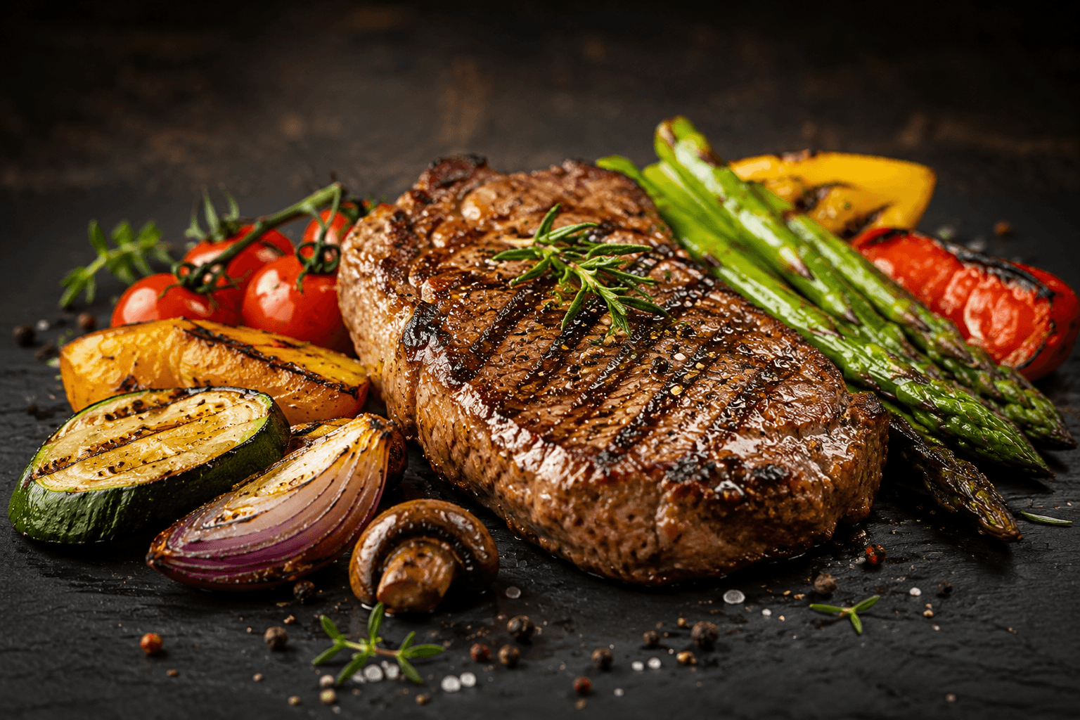 Grilled steak with asparagus, peppers, and tomatoes on a dark plate